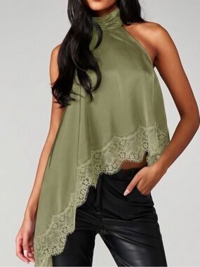 Olive Green Asymmetric Halter Lace Trim Top
